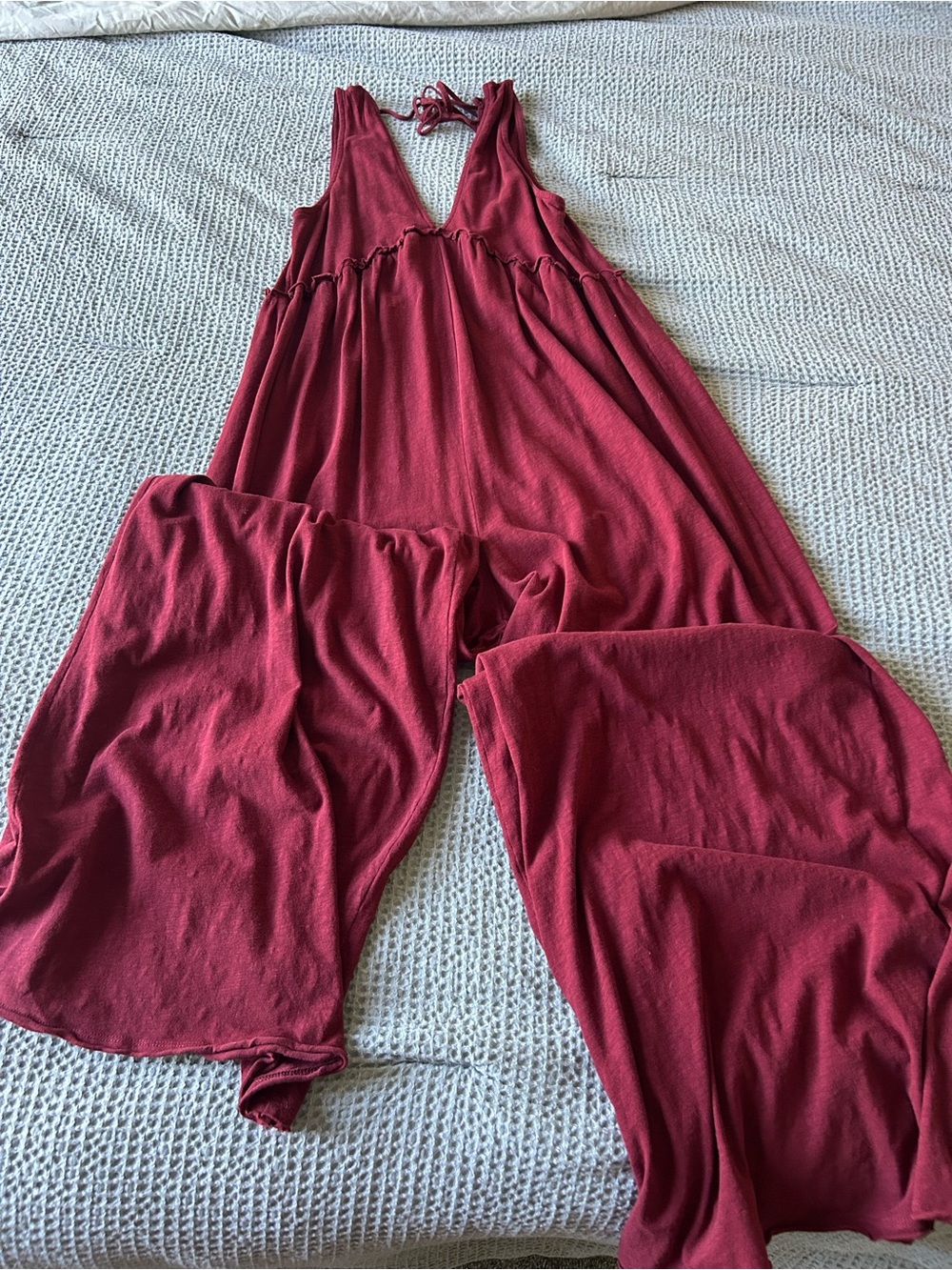 American Eagle Outfitters Burgundy Halter Wide-Leg Jumpsuit with Tie Back